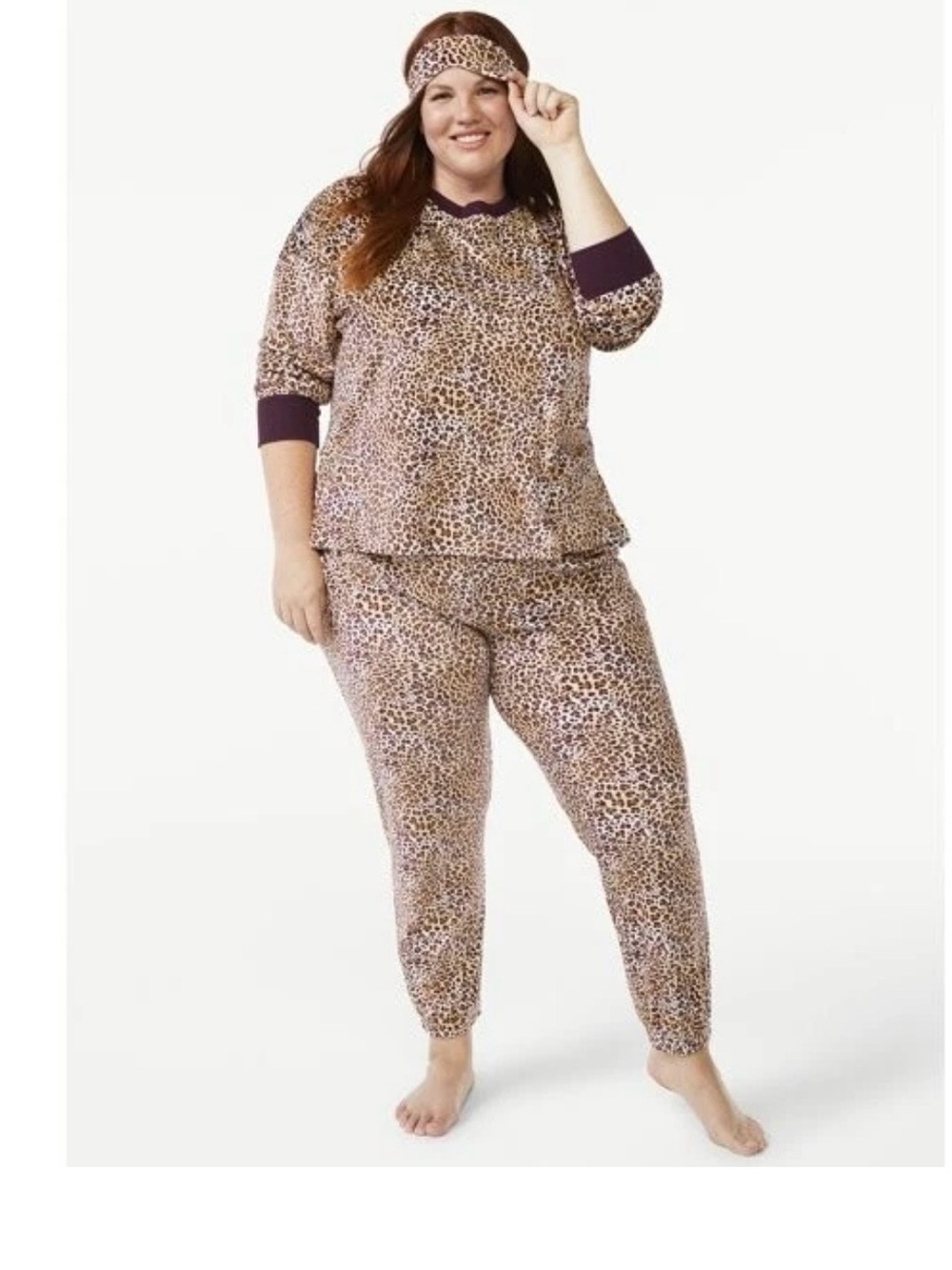 Plus-Size Leopard Print Pajama Set with Matching Headband - Brown